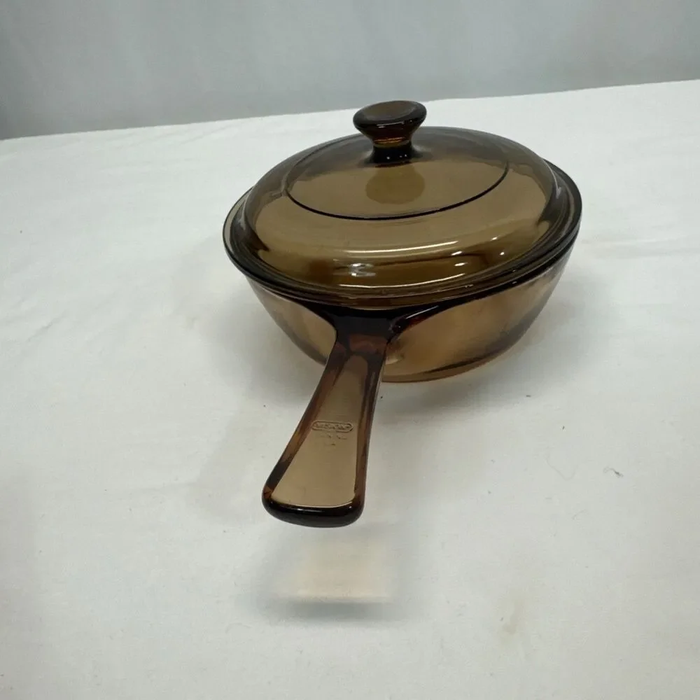 Vintage Vision Corning Ware Amber Brown 0.5 L Sauce Pan Pot With Pyrex Lid USA
